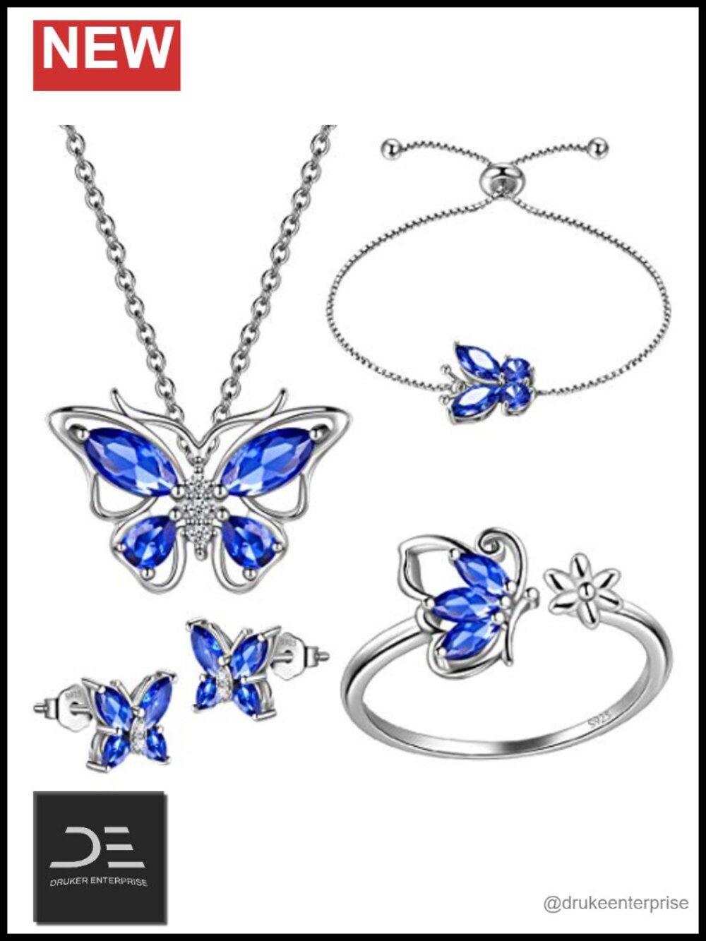 925 Sterling Silver Crystal Butterfly Jewelry Set Necklace Earrings Ring